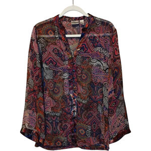Chico's 100% Silk Paisley Popover Blouse Semi Sheer Floral Silky Trim Women's M